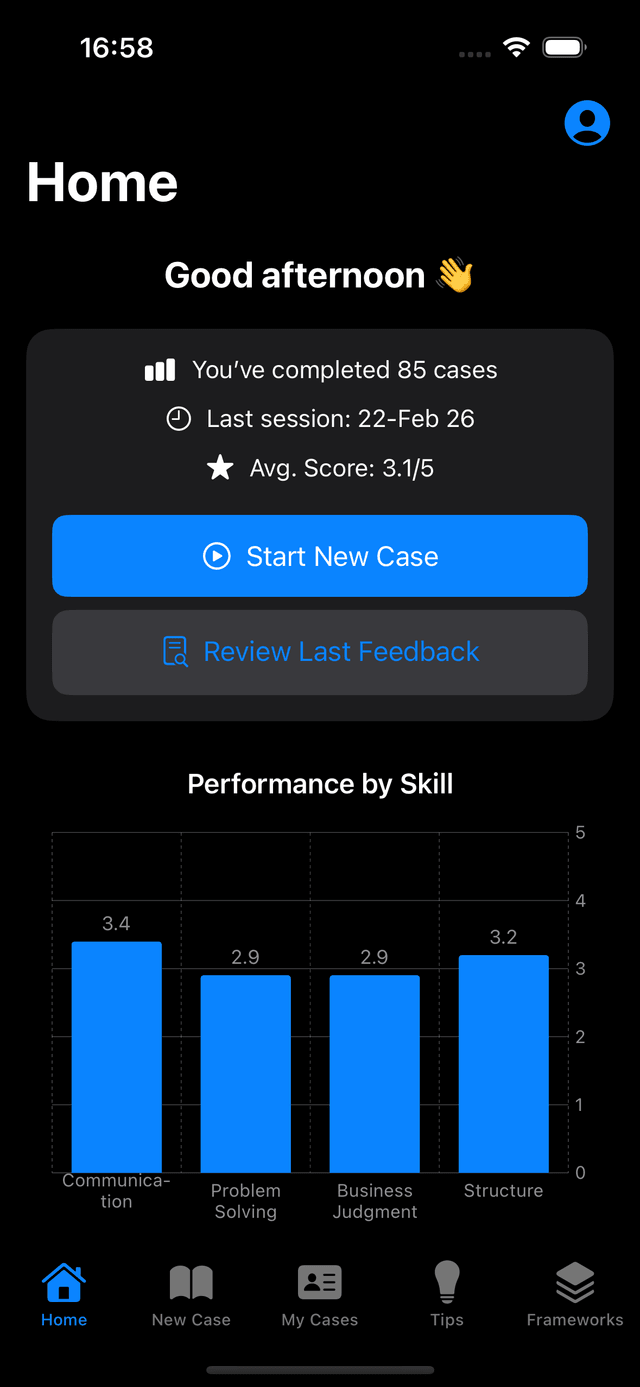 CaseBuddy home screen showing case stats and performance